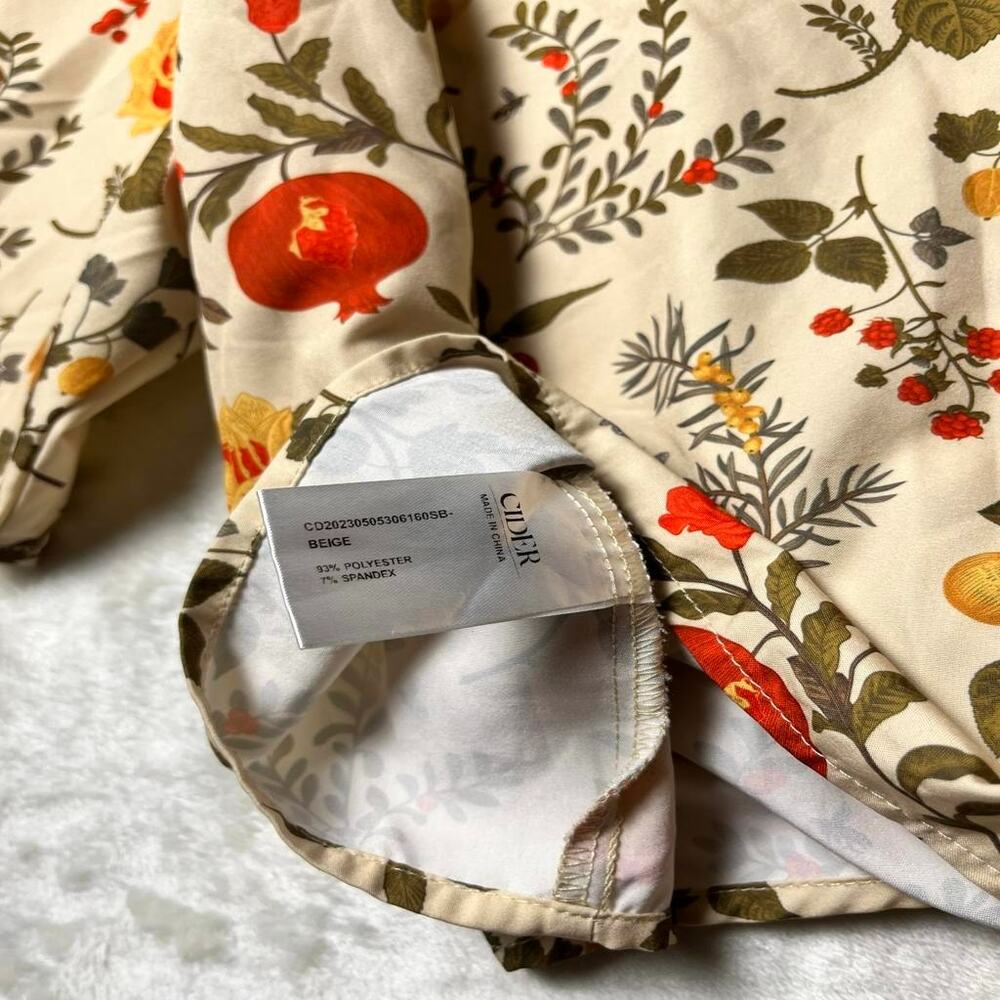 Cider Silken Cottage Front Knot Blouse Women's XL Flowers Fruits Natural Beige - Picture 5 of 7